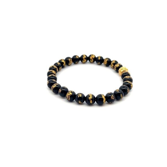 18K Gold Money Coin Ball Lucky Bracelet Gemstones Black Carved Onyx 6mm - Picture 5 of 5